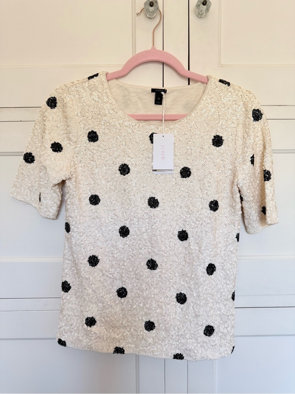 J. CREW Cream Polka Dot Sequin Short Sleeve Top XS